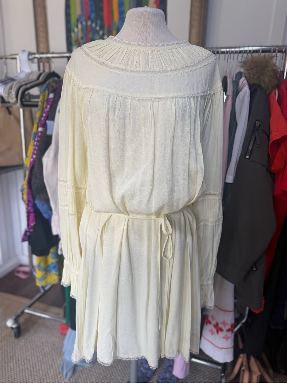 WAYF Boho Tie-Waist Long Sleeve Dress in butter yellow